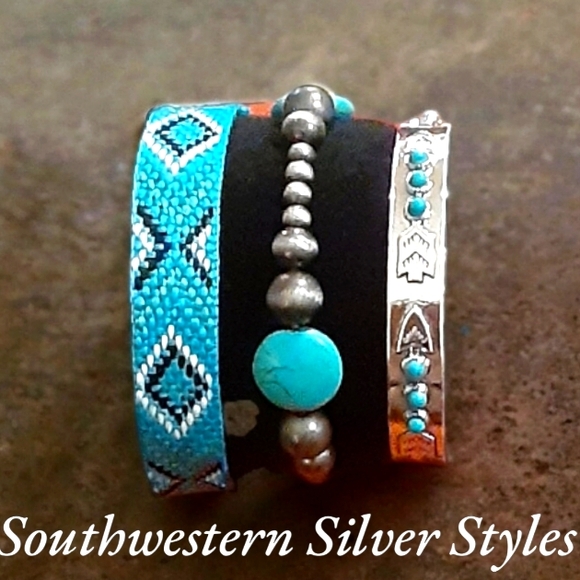 Southwestern Silver Styles Jewelry - Boho Turquoise Howlite Beads Stretch Navajo Style Pearls Silver Plated Bracelet